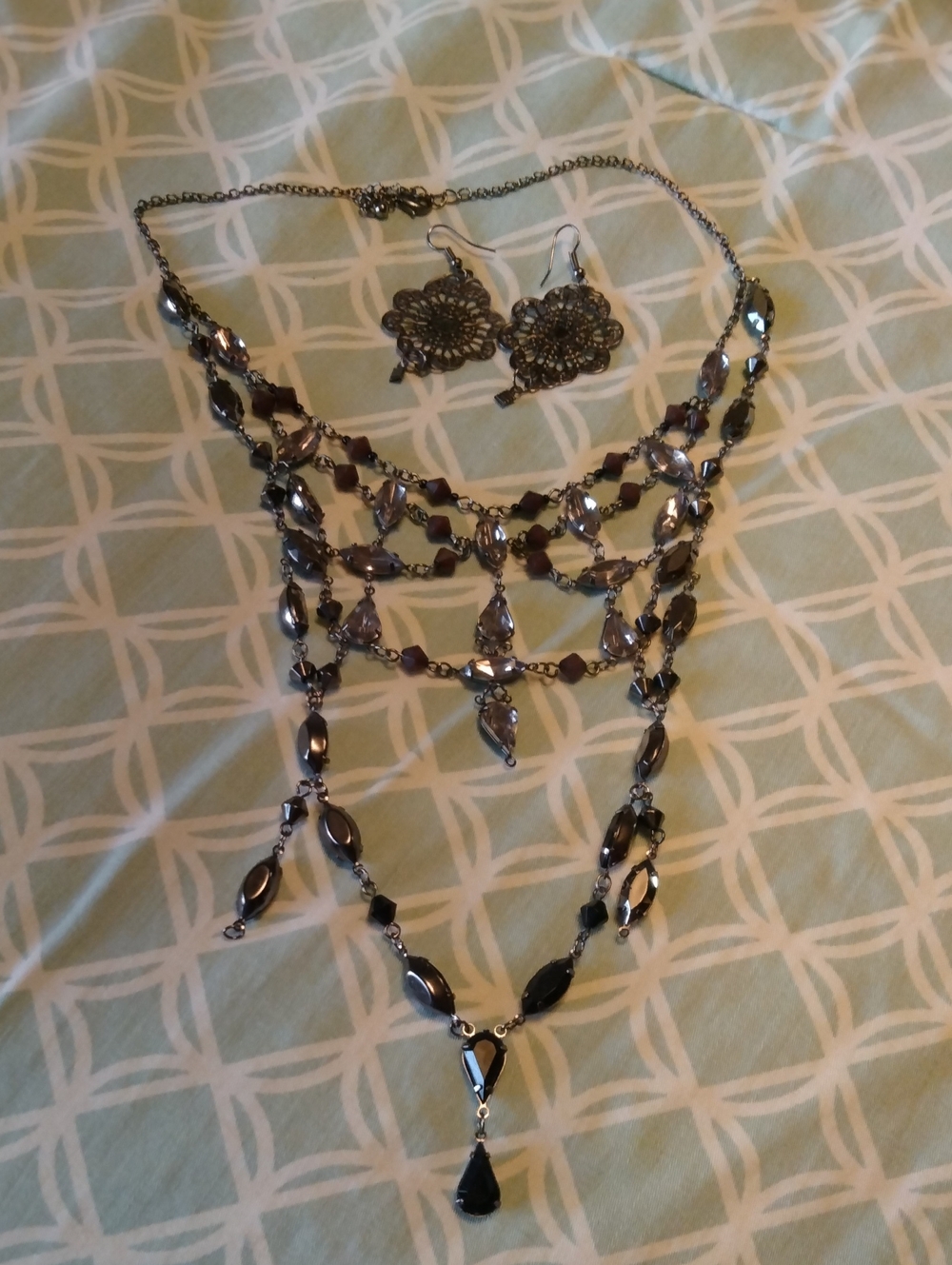 Gunmetal Multi-Strand Teardrop Necklace and Filigree Earring Set